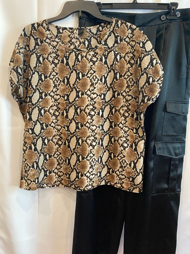 Shein Snake-Print Short Sleeve Blouse - Brown & Black
